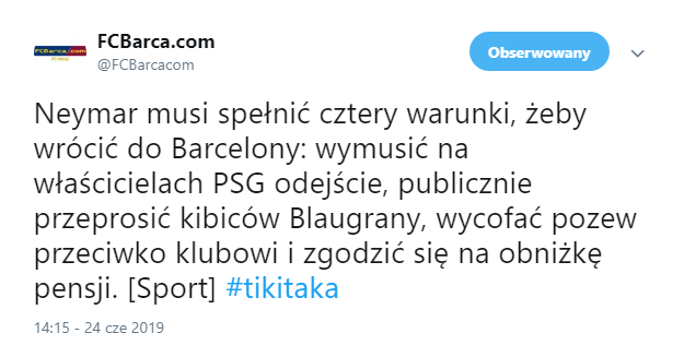 ''Sport'': CZTERY WARUNKI powrotu Neymara do Barcelony